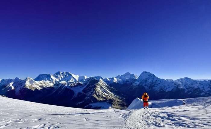 Mera Peak lone-mountaineer-walking-down-mera-peak
