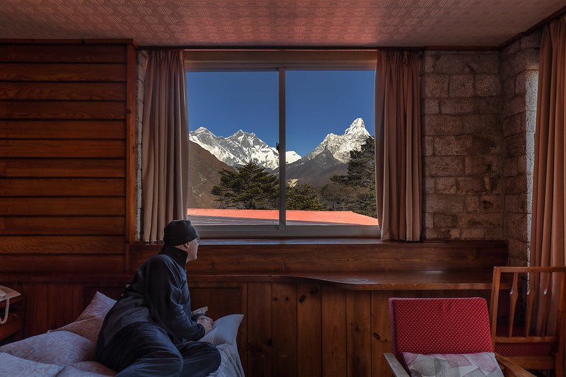 Waking up to a direct view of Everest and Ama Dablam, one of the small joys of choosing the right teahouse room on this trek.