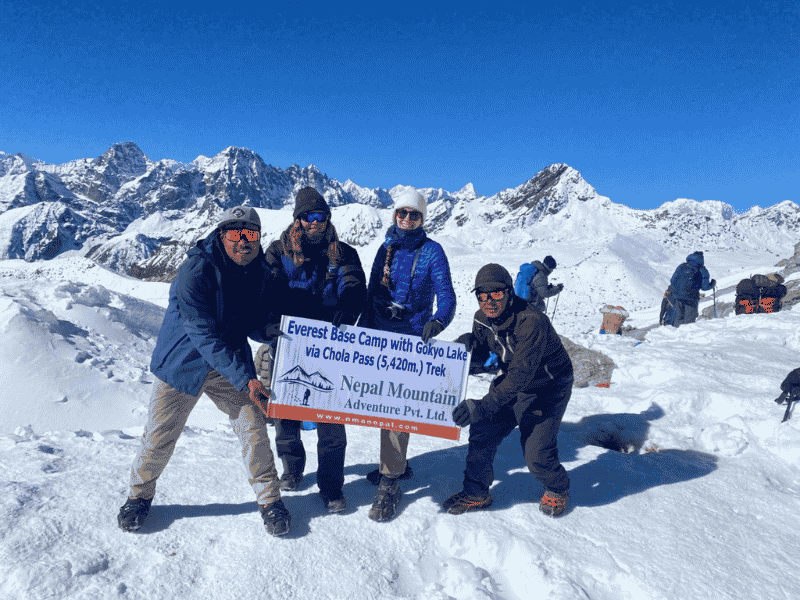 Trekking group with guide crossing snow near Cho La Pass on the Everest Base Camp with Gokyo Lake trek
Crossing Cho La Pass (5,420m) – Everest Base Camp with Gokyo Lake Trek