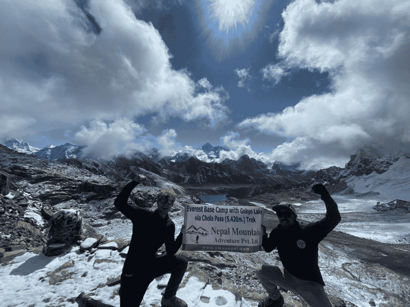 Trekkers holding Nepal Mountain Adventure banner above Gokyo Lake with Everest visible in the distance
Title: Everest Base Camp with Gokyo Lake via Cho La Pass Trek – Nepal Mountain Adventure